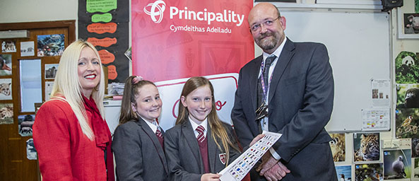 Image showing Debbie Luke (Principality), students from Prestatyn High School and Andy Hall, Assistant Head Teacher at Prestatyn High School